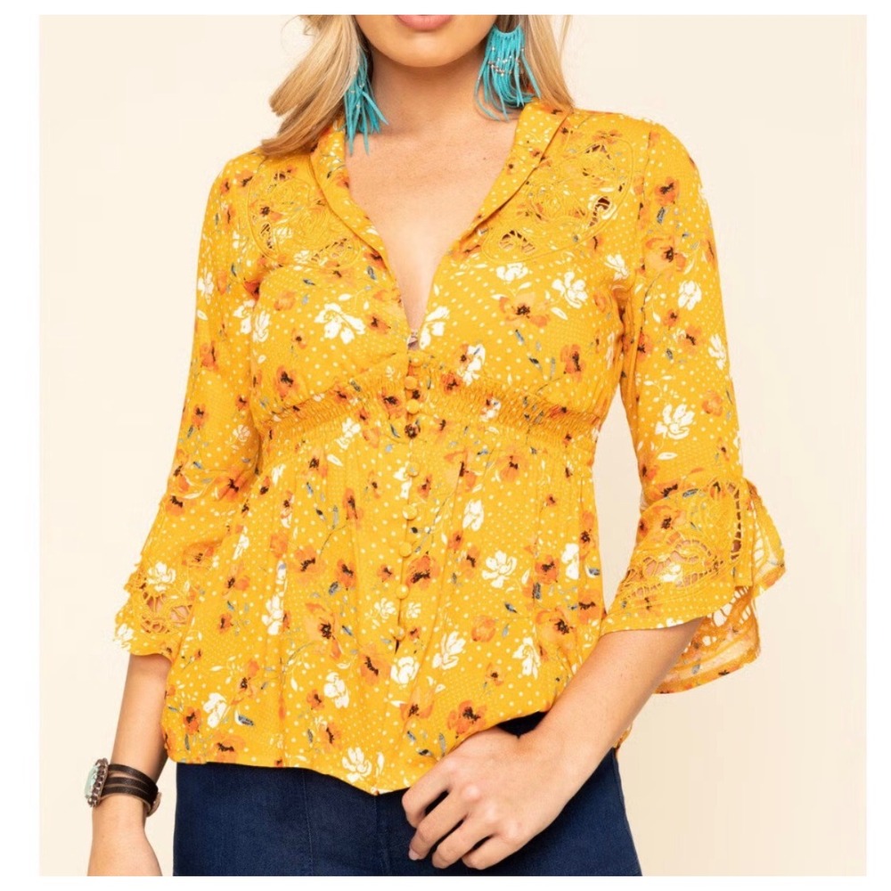 Idyllwind orange Floral Dot Smocked Peplum Blouse Small Cowgirl boho cottage Y2K